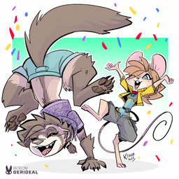 4_toes anthro barefoot bottomwear brown_body brown_fur brown_pawpads buckteeth celebration claws clothed clothing collar confetti digitigrade duo eyes_closed feet female finger_claws fur furgonomic_bottomwear furgonomics grey_body grey_fur hair handstand long_hair open_mouth pawpads paws sharp_teeth simple_background soles tan_body tan_fur teeth text toe_claws toes white_background white_body white_fur kiaun derideal mix_(derideal) pixi_(derideal) domestic_ferret mammal mouse murid murine mustelid musteline rodent true_musteline weasel 1:1 digital_media_(artwork) english_text hi_res signature