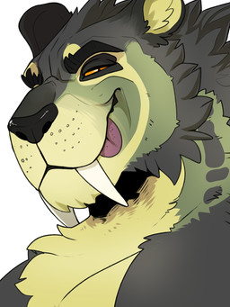 anthro big_fangs black_eyebrows black_nose closed_smile eyebrows fangs fur green_body green_fur grey_body grey_fur looking_at_viewer male male_anthro mouth_closed muscular muscular_anthro muscular_male narrowed_eyes orange_eyes red_tongue simple_background smile solo teeth tongue tongue_out white_background yellow_body yellow_fur swampjaws swamp_jaws_(imperatorcaesar) felid mammal 3:4 bust_portrait hi_res portrait