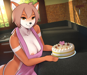 amber_eyes anthro apron areola breasts cake clothing cooking cookware dessert female food fruit frying_pan fur hair kitchen kitchen_utensils nipple_slip nipples orange_body orange_fur plant short_hair smile solo strawberry sunset tools delki nika_(delki) canid canine fox mammal absurd_res digital_media_(artwork) hi_res shaded