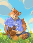 anthro belly blue_eyes bottomwear brown_nose clothing feet foot_fetish male navel outside overweight overweight_male pants rainbow shirt sitting solo topwear benj24 disney zootopia gideon_grey canid canine fox mammal red_fox true_fox 2020 3:4