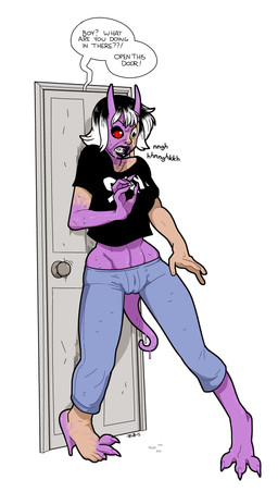 black_lips black_sclera bodily_fluids breasts clothing door female gender_transformation hair horn lips mid_transformation mtf_transformation not_furry offscreen_character purple_body red_eyes sharp_teeth shirt short_hair solo standing sweat tears teeth text topwear transformation blackshirtboy demon demon_humanoid human humanoid mammal 2015 absurd_res english_text hi_res
