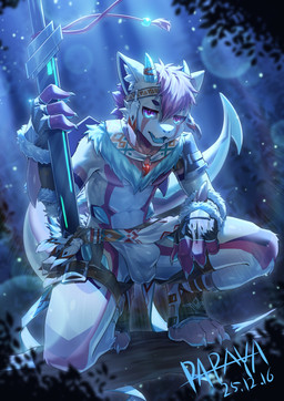 anthro armband athletic athletic_male big_tail blue_eyes blue_horn blue_tongue bottomwear bulge clothing detailed_bulge fingerless_gloves footwear forest forest_background furgonomic_footwear furgonomics gloves hair handwear holding_melee_weapon holding_object holding_sword holding_weapon horn inner_ear_fluff kemono kneeling light loincloth looking_at_viewer male melee_weapon moonlight multicolored_body nature nature_background navel open_mouth plant purple_eyes purple_hair scarf soft_abs solo sword tail thigh_belt tongue tree tuft weapon papayafurry canid mammal 2025 absurd_res hi_res