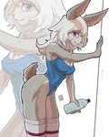 anthro bent_over beverage blue_clothing blue_leotard bottle breasts butt clothing container female fur grey_body grey_ears grey_fur grey_tail hair holding_beverage holding_bottle holding_container holding_object holding_water_bottle legwear leotard long_ears looking_at_viewer multicolored_body multicolored_clothing multicolored_fur multicolored_legwear multicolored_thigh_highs nipple_outline pink_eyes pink_nose purple_clothing purple_legwear purple_thigh_highs scut_tail short_tail side_view smile solo tail tan_hair thigh_highs two_tone_body two_tone_clothing two_tone_fur two_tone_legwear two_tone_tail two_tone_thigh_highs water_bottle white_clothing white_legwear white_thigh_highs gogogrey lagomorph leporid mammal rabbit 2023 digital_media_(artwork) hi_res