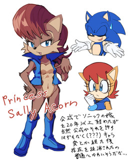 5_fingers anthro athletic athletic_female auburn_hair bodily_fluids boots bottomless breasts canon_couple clothed clothing duo featureless_breasts featureless_crotch female fingers footwear hair male male/female shoes sweat sweatdrop text topwear topwear_only vest vest_only pppson sega sonic_the_hedgehog_(series) sally_acorn sonic_the_hedgehog chipmunk eulipotyphlan ground_squirrel hedgehog mammal rodent sciurid hi_res japanese_text translation_request