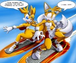 anthro big_breasts big_butt bottomless breasts bulge butt clothed clothing crossgender duo erection female flying gear genitals hoverboard huge_breasts humor male mtf_crossgender multi_tail penis sky skyscape tail text captricosakara chris_gay sega sonic_riders sonic_the_hedgehog_(series) miles_prower canid canine fox mammal 2007 english_text