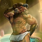 1:1 anthro bath bathhouse bovid bovine cattle european_mythology facial_piercing greek_mythology hi_res horn looking_at_viewer lostwisdom male mammal minotaur muscular muscular_male mythology nipple_piercing nipples nose_piercing piercing pose simple_background solo towel towel_only
