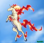 ambiguous_gender blue_background feral fire flaming_hair flaming_mane flaming_tail hooves horn light_body pseudo_hair pseudo_mane red_eyes simple_background solo tail noki001 mythology nintendo pokemon equid equine generation_1_pokemon mammal mythological_creature mythological_equine pokemon_(species) rapidash unicorn hi_res