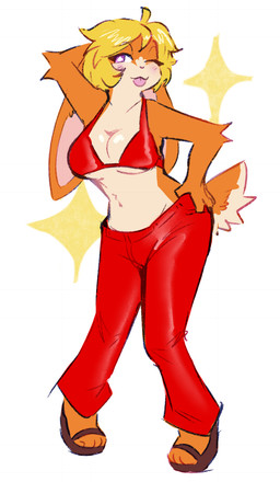 anthro big_breasts bikini bikini_top blonde_hair bottomwear breasts clothing cosplay dancing female fur gaming hair one_eye_closed orange_body orange_fur pants playing_video_game solo swimwear tongue tongue_out two-piece_swimsuit wink pawberry bemani dance_dance_revolution konami tangobunny lagomorph leporid mammal rabbit hi_res