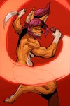 action_pose amber_eyes angry anthro biceps breasts claws clenched_teeth digitigrade fangs feet female forearm_muscles fur glowing glowing_eyes hair holding_object holding_weapon inner_ear_fluff looking_at_viewer motion_lines muscular muscular_female nude on_one_leg one_leg_up orange_body orange_fur pawpads pigtails ponytail pose raised_calf raised_leg red_background red_hair sickle side_boob simple_background soles solo standing teeth toe_claws toes tuft weapon ceehaz blizzard_entertainment warcraft abrelis_(khanna_darkcloud) canid mammal were werecanid worgen 2024 hi_res