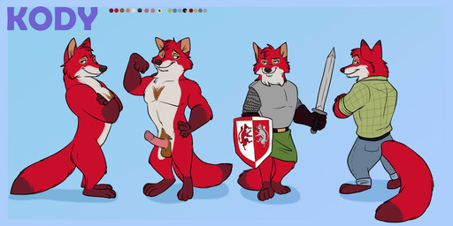 anthro armor athletic athletic_male balls barefoot belt big_penis bottomwear brown_body brown_fur chest_markings circumcised claws clothing confident_male crossed_arms denim denim_bottomwear denim_clothing erection feet finger_claws flexing front_view fur genitals gloves_(marking) green_clothing green_shirt green_topwear hand_on_hip head_tuft holding_melee_weapon holding_object holding_shield holding_sword holding_weapon jeans kilt long_tail looking_back male markings melee_weapon muscular muscular_male nude pants pecs penis pose rear_view red_body red_fur shield shirt side_view simple_background smile smirk solo sword tail topwear tuft weapon white_body white_fur anniehyena_(artist) kody_rowan_(character) canid canine fox mammal red_fox true_fox 2:1 hi_res model_sheet
