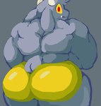 anthro back_muscles big_butt butt fur grey_body grey_fur long_ears looking_back male muscular muscular_anthro muscular_male red_eyes solo tusks yellow_sclera wi_tolo kings_of_hell enfer_belial bovid caprine demon goat mammal