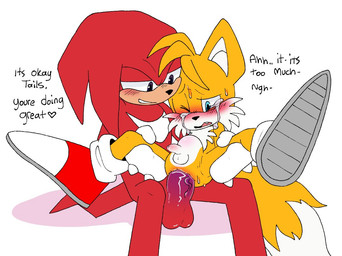 2_tails abdominal_bulge age_difference anal anal_penetration anthro anthro_on_anthro anthro_penetrated anthro_penetrating anthro_penetrating_anthro anthro_penetrating_male balls big_balls big_penis blush bodily_fluids chair_position clothing crying duo encouragement footwear from_behind_position genitals huge_penis large_penetration larger_male leg_grab looking_pleasured male male/male male_on_bottom male_on_top male_penetrated male_penetrating male_penetrating_anthro male_penetrating_male multi_tail older_male on_bottom on_top open_mouth penetration penile penile_penetration penis penis_in_ass penis_size_difference sex shoes simple_background size_difference small_penis smaller_male smaller_on_top smaller_penetrated smile spread_legs spreading tail tears text too_big vein veiny_penis white_background young younger_male younger_penetrated pachi_rizuu sega sonic_the_hedgehog_(series) knuckles_the_echidna miles_prower canid canine echidna fox mammal monotreme english_text