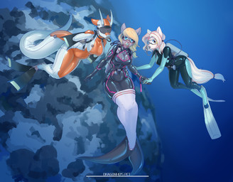 anthro bdsm big_breasts bondage bound breasts butt clothing diving_mask female female/female fin gloves group group_sex handwear knock-kneed latex latex_clothing latex_skinsuit mask mermaidification scuba sex skinsuit split_form swimwear tail threesome tight_clothing trio shanher hasbro my_little_pony mythology fan_character shanher_(character) aquatic dragon equid equine horse mammal merfolk mythological_creature mythological_scalie pony scalie absurd_res hi_res