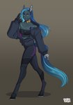 5_fingers anthro blue_eyes blue_hair breasts clothed clothing eyebrows eyelashes female fingers hair hooves smile solo charmrage equid equine mammal 2021 digital_media_(artwork) hi_res