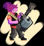 ambiguous_gender anthro black_clothing black_topwear black_vest boots bottomwear clothed clothed_anthro clothing cosplay crossover_cosplay footwear gatling_gun grey_bottomwear grey_clothing grey_pants grinning_at_viewer gun hair hair_over_eye holding_gun holding_machine_gun holding_minigun holding_object holding_ranged_weapon holding_weapon machine_gun minigun pants ponytail purple_body purple_hair ranged_weapon red_clothing red_shirt red_t-shirt red_topwear shell_(projectile) shirt shoes simple_background solo t-shirt topwear transparent_background vest weapon keego deltarune team_fortress_2 undertale_(series) valve heavy_(team_fortress_2) susie_(deltarune) reptile scalie 2023 alpha_channel crossover digital_drawing_(artwork) digital_media_(artwork) english_description female_(lore)