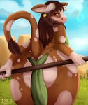 anthro big_butt blue_sky bottomwear brown_body brown_eyes brown_fur brown_hair butt closed_smile clothed clothing cloud female fingers fur glistening glistening_eyes green_bottomwear green_clothing green_loincloth green_topwear group hair holding_object horn loincloth looking_at_viewer looking_back looking_back_at_viewer markings mouth_closed narrowed_eyes outside presenting presenting_hindquarters rear_view sky smile solo_focus spots spotted_arms spotted_body spotted_fur spotted_legs spotted_markings spotted_tail tail tail_markings tail_tuft topwear tuft white_body white_fur white_horn white_spots wide_hips isyld bovid bovine cattle hereford_cattle mammal 2021 dated digital_media_(artwork) hi_res signature