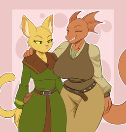 anthro big_breasts black_eyes breast_envy breast_size_difference breasts clothing duo female female/female fur grin jealous non-mammal_breasts pink_nose smile yellow_body yellow_fur yellow_sclera byghosteduard bethesda_game_studios microsoft oblivion prequel_adventure the_elder_scrolls katia_managan quill-weave argonian felid humanoid khajiit mammal scalie hi_res