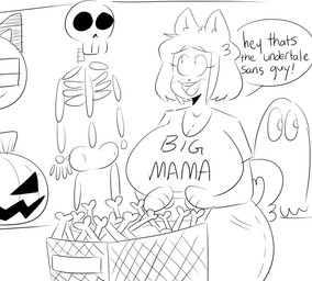 anthro big_breasts bone breasts clothed clothed_anthro clothed_female clothing dialogue female holidays huge_breasts jack-o'-lantern open_mouth open_smile shirt shopping_cart skeleton smile solo speech_bubble teeth text text_on_clothing text_on_shirt text_on_t-shirt text_on_topwear tooth_gap topwear jinu halloween june_(jinu) canid canine canis domestic_dog mammal shiba_inu spitz 2017 black_and_white digital_drawing_(artwork) digital_media_(artwork) english_description english_text hi_res monochrome