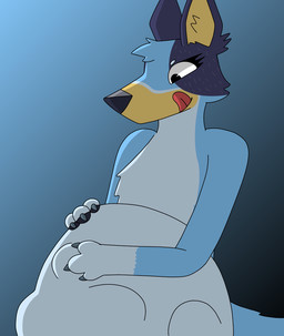 abdominal_bulge aged_up ambiguous_gender anthro belly big_belly black_background black_eyes blue_background blue_belly blue_body blue_ears blue_eyebrows blue_fur blue_hands blue_nose blue_pawpads blue_spots cheek_tuft claws eyebrows eyelashes facial_tuft female female/ambiguous female_pred fluffy fluffy_chest fluffy_ears fur gloves_(marking) gradient_background grey_claws greying_hair hand_on_belly handpaw head_tuft inner_ear_fluff licking licking_lips licking_own_lips looking_at_belly looking_down looking_down_at_belly markings pawpads paws red_tongue simple_background solo spots tongue tongue_out tuft vore yellow_body yellow_fur yellow_inner_ear yellow_inner_ear_fluff yellow_snout akiraveroo bluey_(series) bluey_heeler australian_cattle_dog canid canine canis cattledog domestic_dog herding_dog mammal pastoral_dog digital_media_(artwork) hi_res
