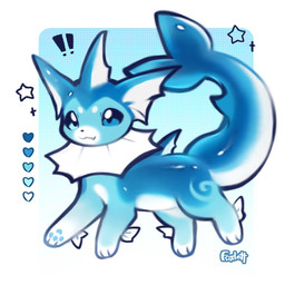 ambiguous_gender blue_body blue_eyes color_swatch exclamation_point fangs feral fin heart_symbol pawpads paws simple_background solo star star_symbol tail teeth foxlett nintendo pokemon eeveelution generation_1_pokemon pokemon_(species) vaporeon 1:1 2025 signature