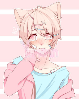 bandage blush clothing femboy hair hand_on_cheek inner_ear_fluff jacket male shirt solo topwear tuft yumemin animal_humanoid humanoid 4:5 hi_res