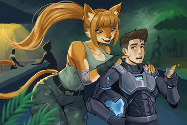 alcohol anthro arm_wraps armor bar belt beverage big_breasts black_hair bottomwear breasts brown_eyes camo camo_clothing camo_print clothing duo fangs female fingerless_gloves gloves hair handwear headgear helmet machine male pants pattern_clothing plant pockets poking ponytail power_armor shirt silhouette tail tank_top teeth topwear wide_hips wraps murchie drone_commander ryn_(drone_commander) straker_(drone_commander) domestic_cat felid feline felis human mammal sekarri 3:2 hi_res