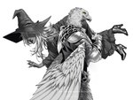 anthro armor beak carrying_another clothing duo female footwear hair hat headgear headwear looking_at_viewer male robe shoes side_view white_hair wings witch_hat yellow_eyes knightdecayed elden_ring elden_ring_nightreign fromsoftware guardian_(nightreign) recluse_(nightreign) avian bird human mammal greyscale hi_res monochrome