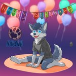 anthro balloon birthday blue_eyes blue_hair fur grey_body grey_fur hair happy happy_birthday huggable inflatable male paws rope sign sitting solo tail netiscraft canid canine canis mammal wolf 1:1 hi_res