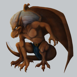 anthro belt bottomwear clothed clothing featureless_chest hair horn humanoid_pointy_ears loincloth loincloth_only male membrane_(anatomy) membranous_wings pointy_ears red_body smile solo tail topless white_hair wings saiyanhajime disney gargoyles brooklyn_(gargoyles) gargoyle scalie absurd_res hi_res