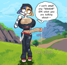 anthro balls_as_fake_breasts beanie biped clothing fake_breasts genitals gynomorph hat headgear headwear hyper intersex penis solo standing text thong underwear vein veiny_penis conditional_dnp girl_poss epic_games fortnite meow_skulls calico_cat domestic_cat felid feline felis mammal english_text hi_res