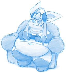 anthro anthrofied belly big_belly blue_eyes blush chair clothing controller electronics furniture game_controller gaming half-closed_eyes happy headgear headphones headset headwear looking_up male narrowed_eyes navel overweight overweight_anthro overweight_male playing_video_game pokemorph shirt sitting smile solo topwear haloopdy nintendo pokemon eeveelution generation_4_pokemon glaceon pokemon_(species) blue_and_white hi_res monochrome