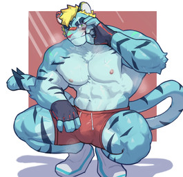 abs anthro blonde_hair blue_body blue_fur bodily_fluids bottomwear bulge clothed clothing crouching fur hair male muscular muscular_anthro muscular_male nipples pecs shorts solo striped_body striped_fur stripes sweat topless topless_anthro topless_male d0ve_xd lifewonders live_a_hero rexer felid mammal pantherine tiger absurd_res hi_res