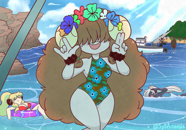 2_horns accessory angry beach bikini bikini_top black_body black_tuft blonde_hair blue_eyes boat brown_hair clothing cloud devil_horns_(gesture) female fishing floating floral_clothing floral_pattern floral_print floral_swimwear flower flower_crown flower_in_hair gesture group hair hair_accessory hair_over_eye hand_gesture horn inflatable long_hair looking_at_viewer markings mole_(marking) one-piece_swimsuit one_eye_obstructed open_mouth plant pool_float pose red_bikini red_clothing red_swimwear rock sea sky smile standing swimming swimwear teeth tree trio tuft two-piece_swimsuit vehicle water watercraft white_body white_hair white_skin syllartemis ary_(syllartemis) animal_humanoid bovid bovid_humanoid caprine caprine_humanoid human humanoid mammal mammal_humanoid sheep sheep_humanoid 2018 colored hi_res