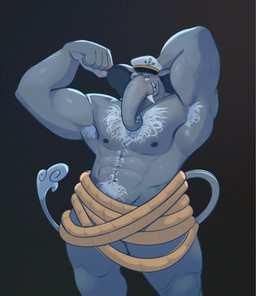 5_fingers abs anthro arm_hair armpit_hair barazoku belly_hair biceps big_ears big_muscles biped body_hair chest_hair clothing eyebrows facial_hair fingers fist flexing flexing_bicep front_view grey_body hairy hand_behind_head happy_trail hat hat_only headgear headgear_only headwear headwear_only humanoid_hands looking_at_viewer male male_anthro manly mature_anthro mature_male mostly_nude mostly_nude_anthro mostly_nude_male muscular muscular_anthro muscular_male mustache navel nipples peaked_cap pecs proboscis_(anatomy) raised_arm rope rope_around_waist simple_background smile smiling_at_viewer solo standing tail trunk_(anatomy) tusks dullaram elephant elephantid mammal proboscidean digital_media_(artwork) hi_res portrait shaded three-quarter_portrait