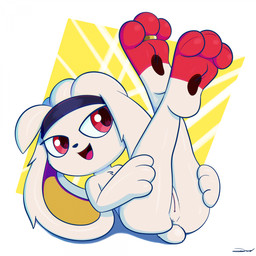 3_fingers 3_toes accessory anthro anus black_nose chest_tuft crossed_ankles crossed_legs digit_ring feet female fingers floppy_ears foot_focus fur genitals headband hindpaw jewelry legs_up lying nude on_back open_mouth open_smile paws presenting presenting_vulva red_eyes ring simple_background smile soles solo toe_ring toes tuft vulva white_background white_body white_fur toon_draw nintendo pokemon soles_the_raboot generation_8_pokemon lagomorph mammal pokemon_(species) raboot 1:1 hi_res