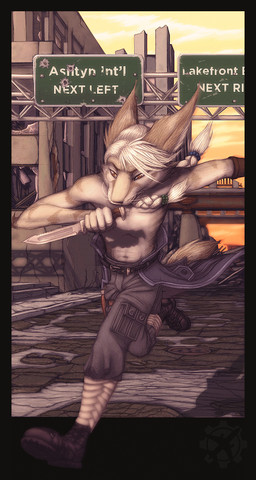 anthro braided_hair building city clothed clothing destruction detailed_background hair knife long_hair male modern_architecture outside post-apocalyptic road rubble ruined_building ruins running solo street tail text toony topless urban weapon fighterjet fallout microsoft canid canine felid fennec_fox fox hybrid mammal true_fox detailed english_text