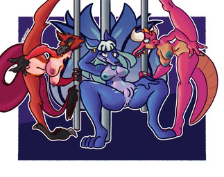anthro anus breasts butt dancing feathers female female/female fingering genitals group jewelry looking_pleasured nipple_piercing nipples nude piercing pole pole_dancing raised_leg simple_background spreading tongue tongue_out trio vulva patatero69 ezlynn_the_crimson_raptor_(dododragon56) fuyu_the_kitsune_(dododragon56) meep_the_kobold_(character) avian bird canid canine dinosaur feathered_dinosaur feathered_scalie fox kobold mammal prehistoric_species reptile scalie hi_res