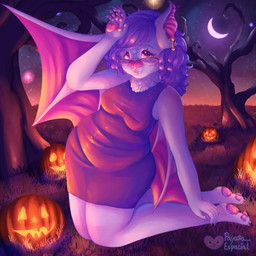 anthro barefoot clothing cute_fangs detailed_background dress eyewear fangs feet female glasses hair jack-o'-lantern jewelry kneeling membrane_(anatomy) membranous_wings moon night pawpads plant solo teeth tree white_body wide_hips wings payasa_espacial bat mammal 1:1