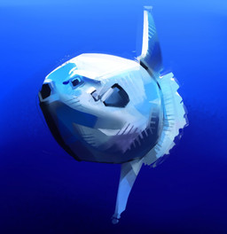ambiguous_gender blue_background clavus dorsal_fin feral fin front_view open_mouth simple_background solo three-quarter_view underwater water rekkadraws aquatic fish ocean_sunfish tetraodontiform 2026 digital_media_(artwork) digital_painting_(artwork) full-length_portrait painting_(artwork) portrait