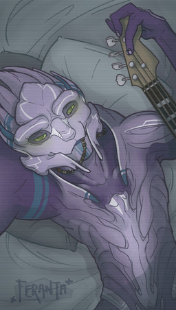 3_fingers athletic athletic_humanoid athletic_male bass_guitar biceps bird's-eye_view blue_markings blue_tongue claws colored_nails detailed_background fingers glowing glowing_eyes green_eyes green_sclera guitar half-closed_eyes high-angle_view inside jewelry looking_at_viewer lying male markings musical_instrument nails narrowed_eyes necklace not_furry nude open_mouth open_smile pillow plucked_string_instrument purple_body purple_claws purple_nails selfie smile solo string_instrument tongue toony white_markings raiyk bioware electronic_arts mass_effect fan_character loganhen alien humanoid turian 2015 colored half-length_portrait hi_res portrait shaded signature