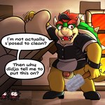 anthro balls bottomwear cleaning_tool clothed clothing crossdressing detailed_background feather_duster flaccid foreskin furniture genitals humanoid_genitalia humanoid_penis inside maid_uniform male penis skirt sofa solo text uniform trashbadger mario_bros nintendo bowser fuzzy_(mario) 1:1 english_text