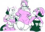 anthro beanie big_breasts breast_size_difference breasts clothed clothing ear_piercing female group hat headgear headwear open_mouth piercing smile standing thick_thighs trio wide_hips jinti beth_(beef-supreme) caz_(beef-supreme) zed_(beef_supreme) canid canine equid equine horse hybrid mammal scalie