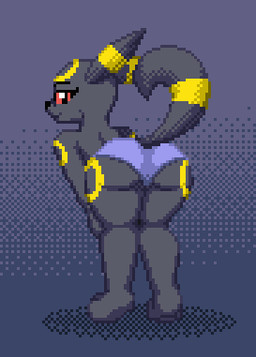 anthro anthrofied black_body black_fur bottomwear butt clothed clothing female fur looking_at_viewer panties pokemorph simple_background smile solo standing tail underwear zeka10000 nintendo pokemon eeveelution generation_2_pokemon pokemon_(species) umbreon digital_media_(artwork) low_res pixel_(artwork)