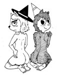 anthro bedroom_eyes butt clothing duo feet female female/female grumpy hat headgear headwear hennin kneeling looking_at_viewer looking_back narrowed_eyes rear_view seductive simple_background smile white_background witch_hat young young_anthro anonymous_artist cartoon_network summer_camp_island hedgehog_(sci) susie_mccallister domestic_cat eulipotyphlan felid feline felis hedgehog mammal hi_res monochrome traditional_media_(artwork)