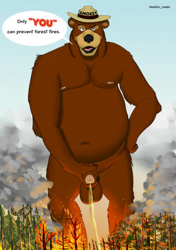 anthro balls belly brown_body brown_fur clothing dialogue evergreen_tree extinguished_fire fire forest_fire fur genitals hand_on_hip hat hat_only headgear headgear_only headwear headwear_only holding_penis looking_at_viewer macro male moobs mostly_nude navel nipples overweight overweight_male peeing penis pine_tree plant smoke solo standing text tree doodle_dot_inc doodle_lewds united_states_forest_service smokey_bear bear brown_bear mammal ursine english_text hi_res
