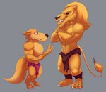 3_toes 4_fingers abs anthro arm_tuft bandage bandaged_leg barefoot belly big_bulge big_deltoids big_muscles big_pecs black_nose blonde_mane bottomwear brown_body brown_bottomwear brown_clothing brown_fur brown_loincloth brown_markings brown_tail bulge cheek_tuft chin_tuft claws closed_frown clothed clothed_anthro clothed_male clothing crossed_arms deltoids dipstick_tail duo ear_size_difference ear_tuft elbow_tuft eye_contact facial_tuft feet fingers fur green_eyes grey_background head_tuft huge_deltoids huge_muscles huge_pecs humanoid_hands interspecies larger_anthro larger_male loincloth loincloth_only looking_at_another looking_down_at_partner looking_up_at_partner male male_anthro mane markings mouth_closed multicolored_body multicolored_fur muscular muscular_anthro muscular_arms muscular_legs muscular_male muscular_thighs navel open_mouth open_smile orange_arms orange_body orange_ears orange_face orange_feet orange_fingers orange_fur orange_hands orange_inner_ear orange_legs orange_neck orange_tail orange_toes pecs purple_bottomwear purple_clothing purple_loincloth sharp_teeth side_view simple_background size_difference small_ears smaller_anthro smaller_male smile standing tail tail_markings tail_tuft tan_belly tan_body tan_chest tan_face tan_fur tan_markings tan_neck tan_tail teeth toes topless topless_anthro topless_male tuft two_tone_body two_tone_face two_tone_fur two_tone_neck two_tone_tail white_claws yellow_arms yellow_belly yellow_body yellow_chest yellow_ears yellow_face yellow_feet yellow_fingers yellow_fur yellow_hands yellow_inner_ear yellow_legs yellow_neck yellow_tail yellow_toes bristol dyna_gear canid canine canis felid lion mammal pantherine wolf 2019 colored digital_drawing_(artwork) digital_media_(artwork) full-length_portrait portrait shaded