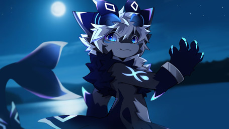 2_horns 4_fingers :3 anthro biped black_body black_fur blue_eyes blue_markings blush blush_lines chest_tuft fingers fish_tail full_moon fur hair horn kemono lake light looking_at_viewer male markings moon moonlight multicolored_body multicolored_fur night outside sky solo standing translucent translucent_hair tuft water white_body white_fur white_hair hlg7777 aquatic fish furred_shark shark 16:9 2026 cel_shading cool_colors digital_drawing_(artwork) digital_media_(artwork) shaded wallpaper widescreen