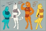 anthro athletic_wear blue_body blue_fur bottomwear bra clothing female fur group gym_bottomwear gym_shorts hand_on_hip hooves horn medal medallion muscular muscular_anthro muscular_female nervous orange_body shorts sports_bra standing underwear white_body white_fur yellow_body yellow_fur noirenard horse_race_tests mythology cyan_(hrt) jovial_merryment lightning_strikes_thrice superstitional_realism equid equine horse mammal mythological_creature mythological_equine unicorn hi_res