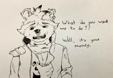anthro clothed clothing ear_piercing facial_piercing fur hair male nose_piercing nose_ring piercing ring_piercing solo text bug_eater epic_games fortnite rufus_(fortnite) mammal procyonid raccoon hi_res traditional_media_(artwork)