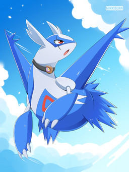amazed cloud curious flying jewelry looking_aside male necklace open_mouth sky solo wings nikkibunn nintendo pokemon generation_3_pokemon latios legendary_pokemon pokemon_(species) 3:4 hi_res